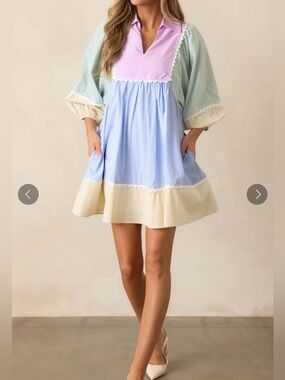 Entro Pastel Patchwork Ruffle Hem Dress - Pink, Blue & Cream Size Large